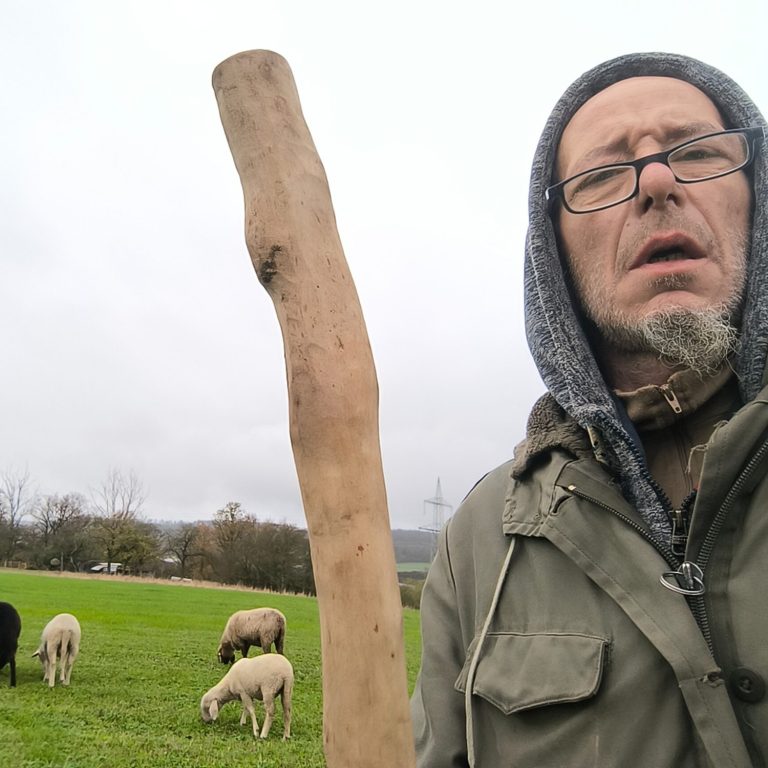Schäfer mit Schafe auf Weide (c) Alois Raith Schäfer mit grasenden Schafen im Hintergrund.